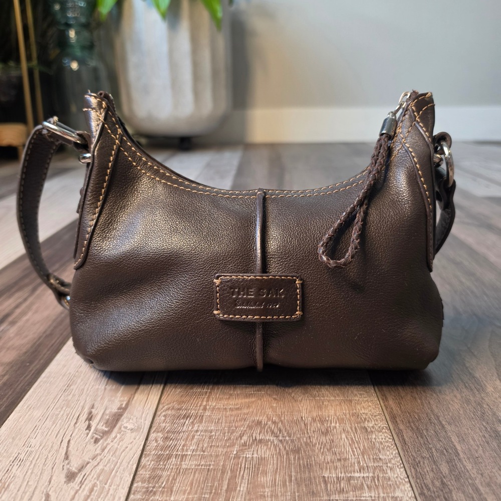 The Sak Leather Shoulder Bag Womens Small Brown Excellent Woven Strap Boho Hobo
